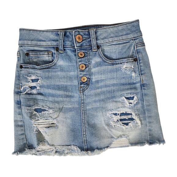 American Eagle Womens Skirt 0 Reg Denim Button Fly Hi-Rise Mini Distressed Blue - Picture 1 of 8
